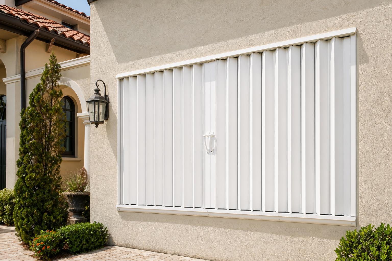 White accordion hurricane shutters over a balcony entrance